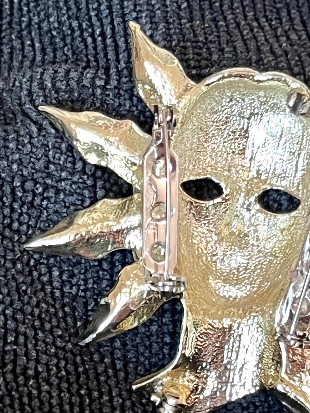 Vintage Art Deco Gold Tone Dual Face Mask Brooch Pin Rhinestone - Picture 6 of 6